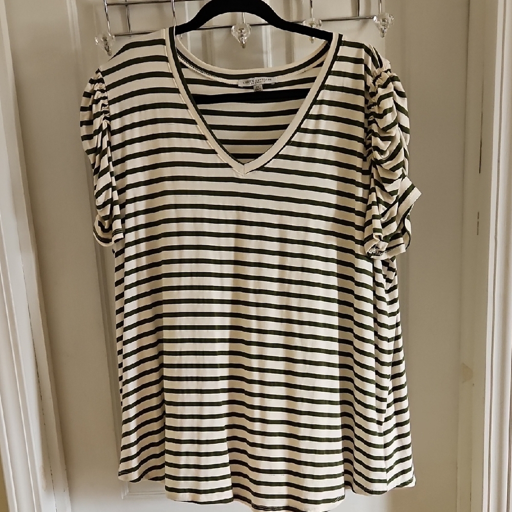 Green Striped V-Neck Women's Top